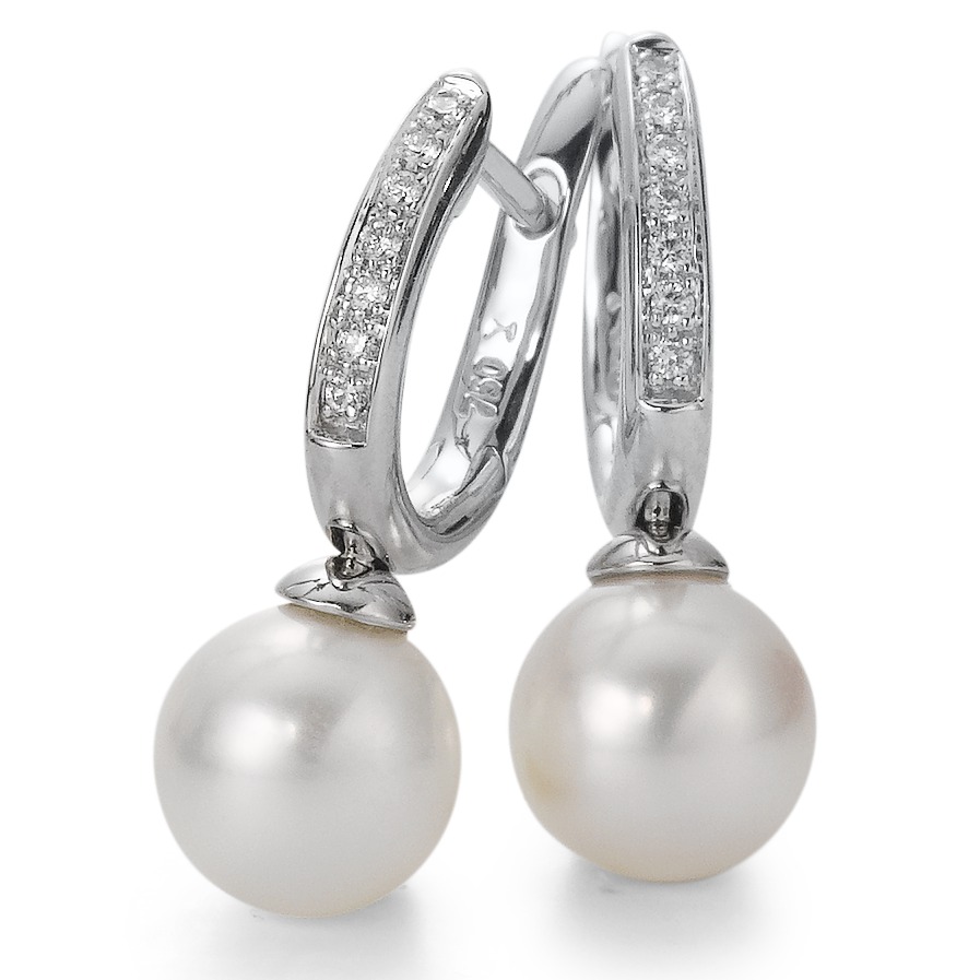 Créoles à charnières Or blanc 18K Diamant 0.08 ct, 14 Pierres, w-si perle d'eau douce, 2 Perles, 8 mm-563052