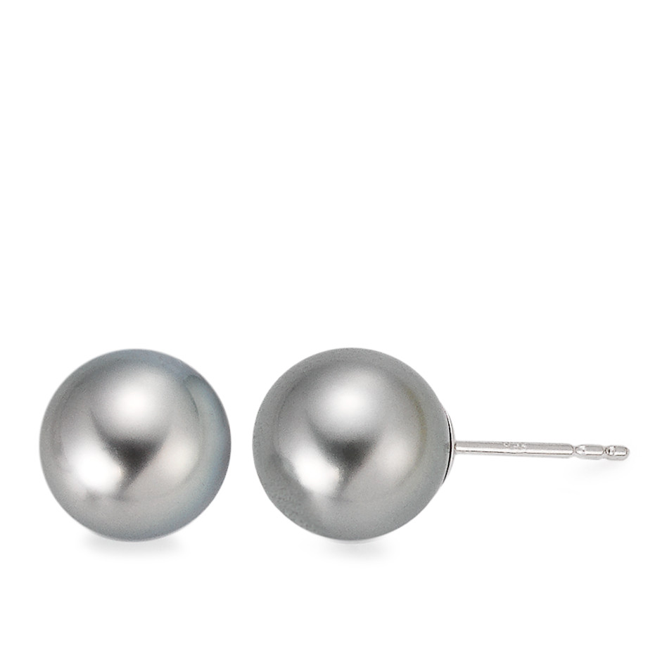 Clous d'oreilles Or blanc 18K perle de Tahiti gris, 2 Perles, 8.5 mm-563089