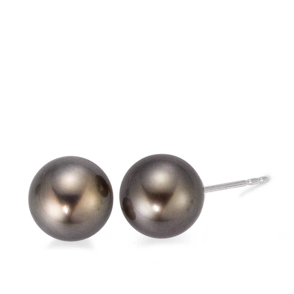 Clous d'oreilles Or blanc 18K perle de Tahiti gris, 2 Perles, 9 mm-563090
