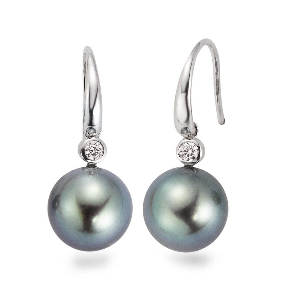 Pendant d'oreilles Or blanc 18K Diamant 0.09 ct, 2 Pierres, w-si perle de Tahiti gris, 2 Perles, 10 mm-563546