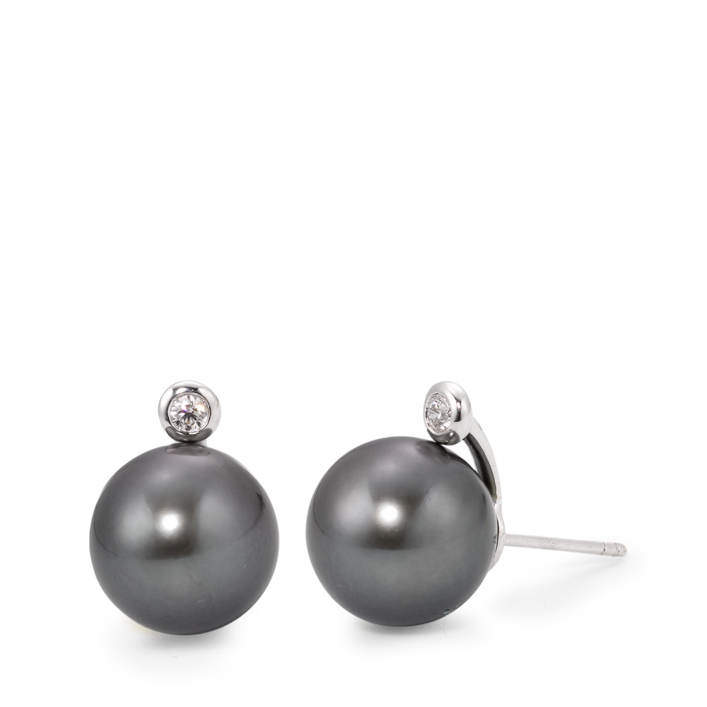 Clous d'oreilles Or blanc 18K Diamant 0.09 ct, 2 Pierres, w-si perle de Tahiti gris, 2 Perles, 12 mm-563764