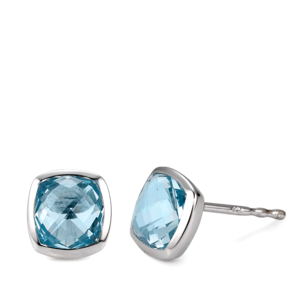 Clous d'oreilles Or blanc 18K Topaze bleu, 2 Pierres Ø7 mm-565862