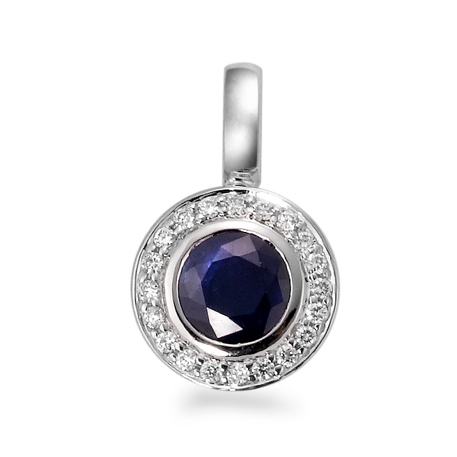 Pendentif Or blanc 18K Saphir bleu, Diamant blanc, 20 Pierres, w-si Ø9 mm-565888