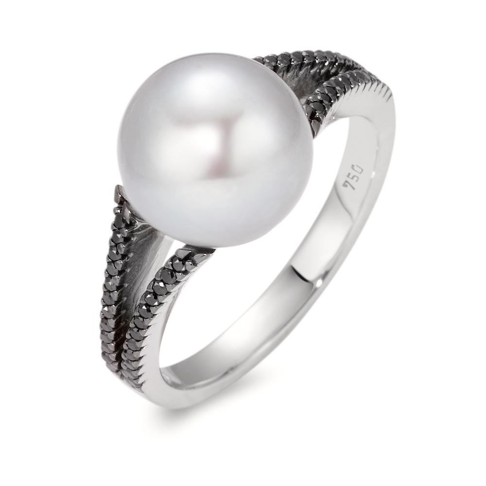 Bague Or blanc 18K Diamant noir, 0.19 ct, 48 Pierres, octogonal perle d'eau douce, 10.5 mm-565892