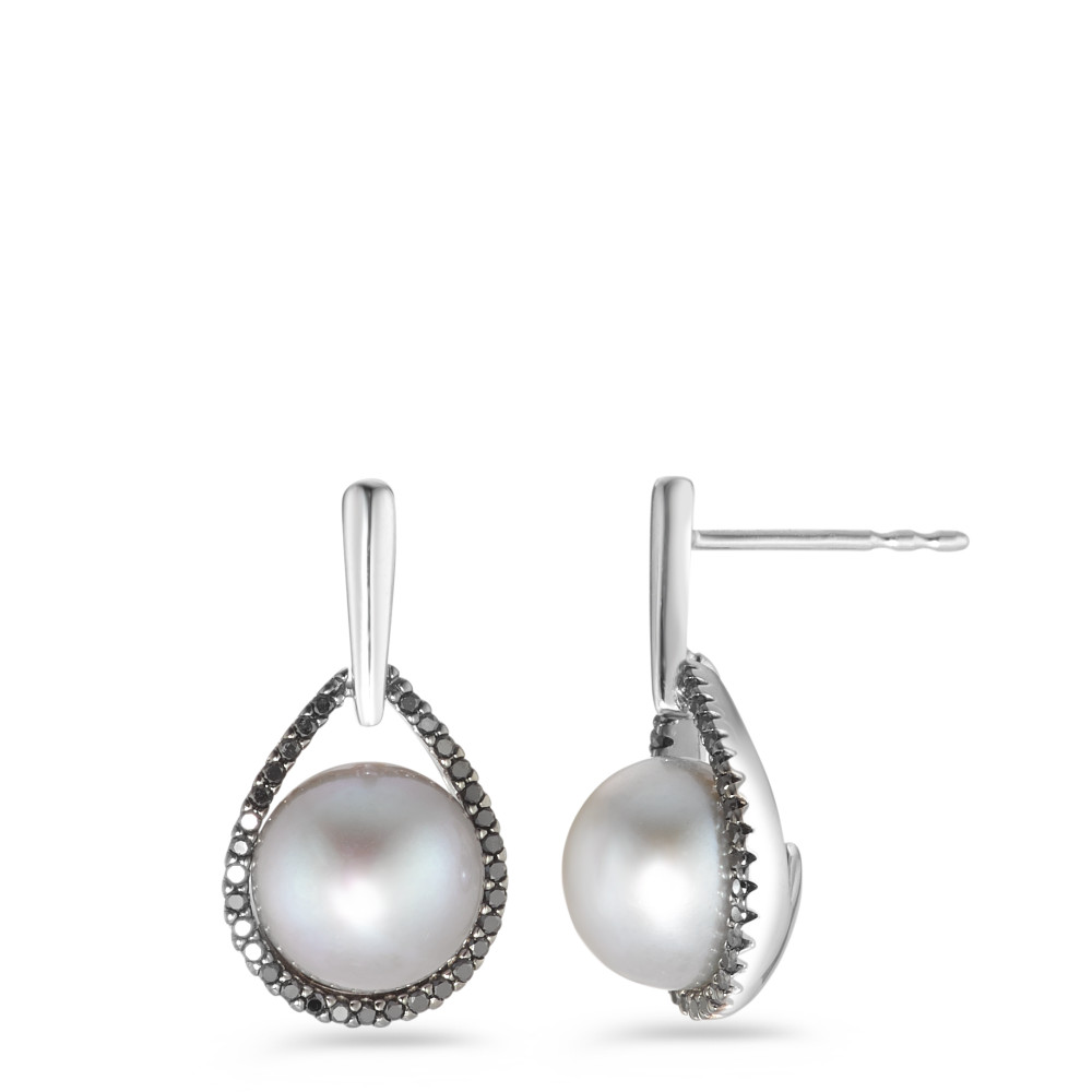 Pendant d'oreilles Or blanc 18K Diamant noir, 0.24 ct, 62 Pierres, octogonal perle d'eau douce blanc, 2 Perles, 8.5 mm-565894