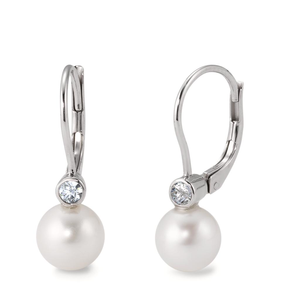 Pendant d'oreilles Or blanc 18K Diamant blanc, 0.10 ct, 2 Pierres, brillant, w-si perle d'eau douce blanc, 2 Perles, 6.5 mm-565898