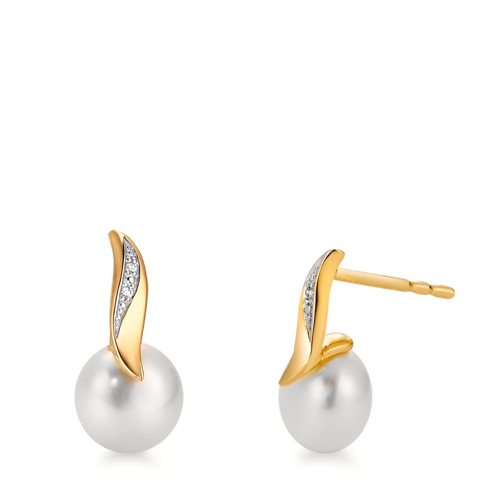 Ohrstecker 750/18 K Gelbgold Diamant weiss, 0.10 ct, 2 Steine, Brillantschliff, w-si Süsswasserzuchtperle weiss, 2 Perlen, 7 mm-565905