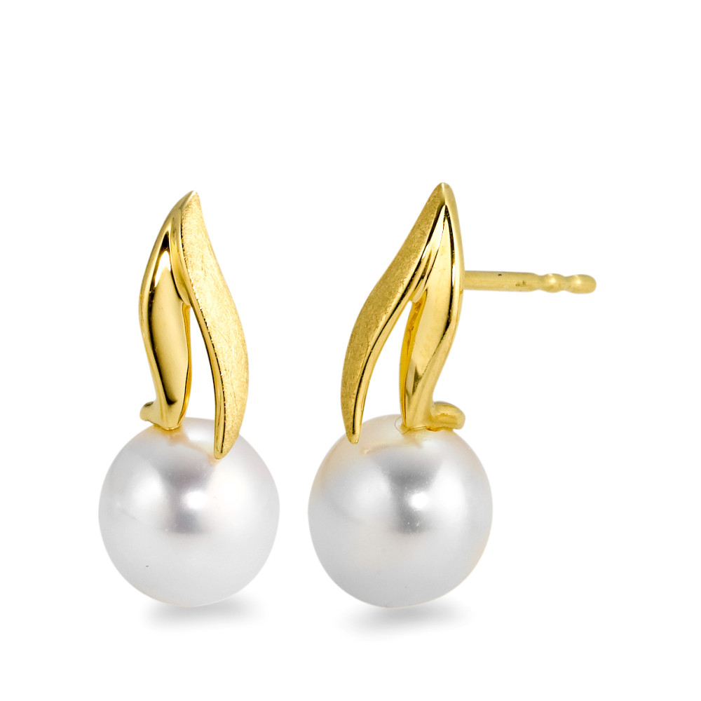 Clous d'oreilles Or jaune 18K perle d'eau douce blanc, 2 Perles, 7.5 mm-565907