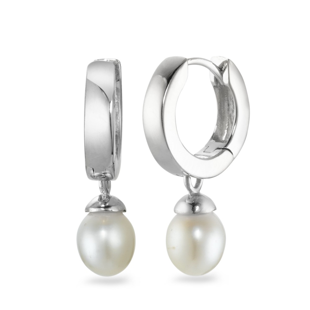 Créoles à charnières Or blanc 9K perle d'eau douce blanc, 2 Perles, 6 mm-569561