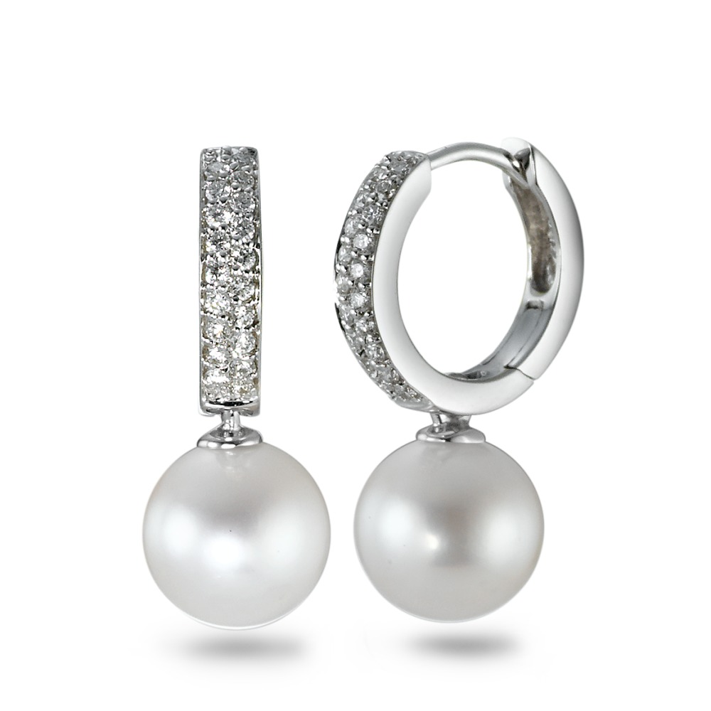 Créoles à charnières Or blanc 18K Diamant 0.23 ct, 38 Pierres, w-si perle d'eau douce blanc, 2 Perles, 8 mm-570666