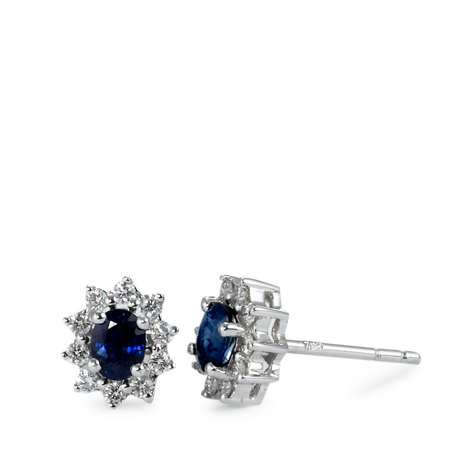 Clous d'oreilles Or blanc 18K Saphir bleu, 2 Pierres, ovale, Diamant blanc, 0.18 ct, 20 Pierres, w-si Ø7 mm-570698