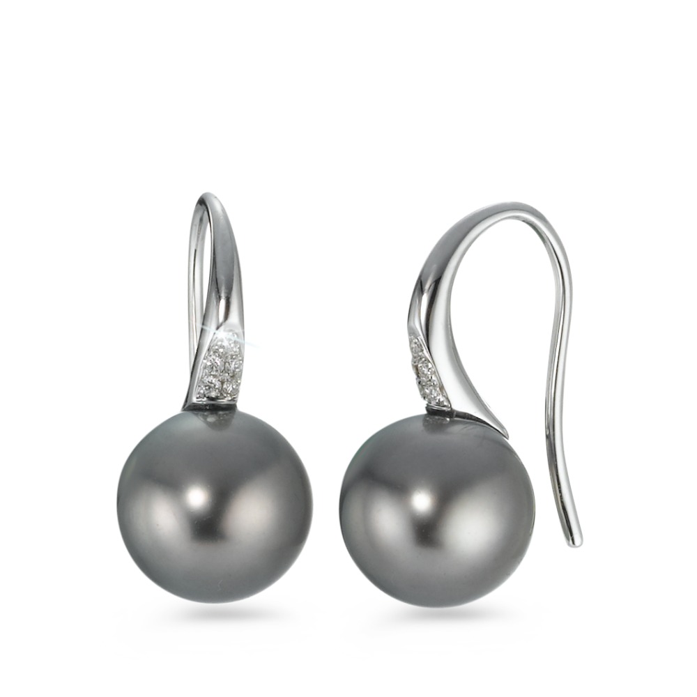 Pendant d'oreilles Or blanc 18K Diamant 0.05 ct, 10 Pierres, w-si perle de Tahiti gris, 2 Perles, 10 mm-570707