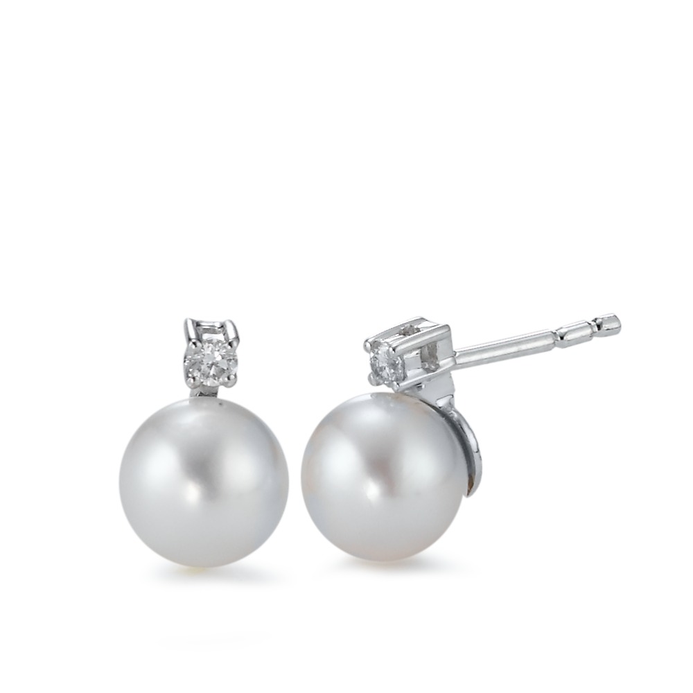 Clous d'oreilles Or blanc 18K Diamant 0.05 ct, 2 Pierres, w-si perle d'eau douce blanc, 2 Perles, 7 mm-570777
