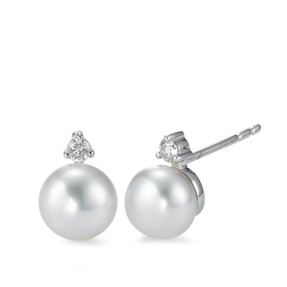 Clous d'oreilles Or blanc 18K Diamant 0.10 ct, 2 Pierres, w-si perle d'eau douce blanc, 2 Perles, 7 mm-570778