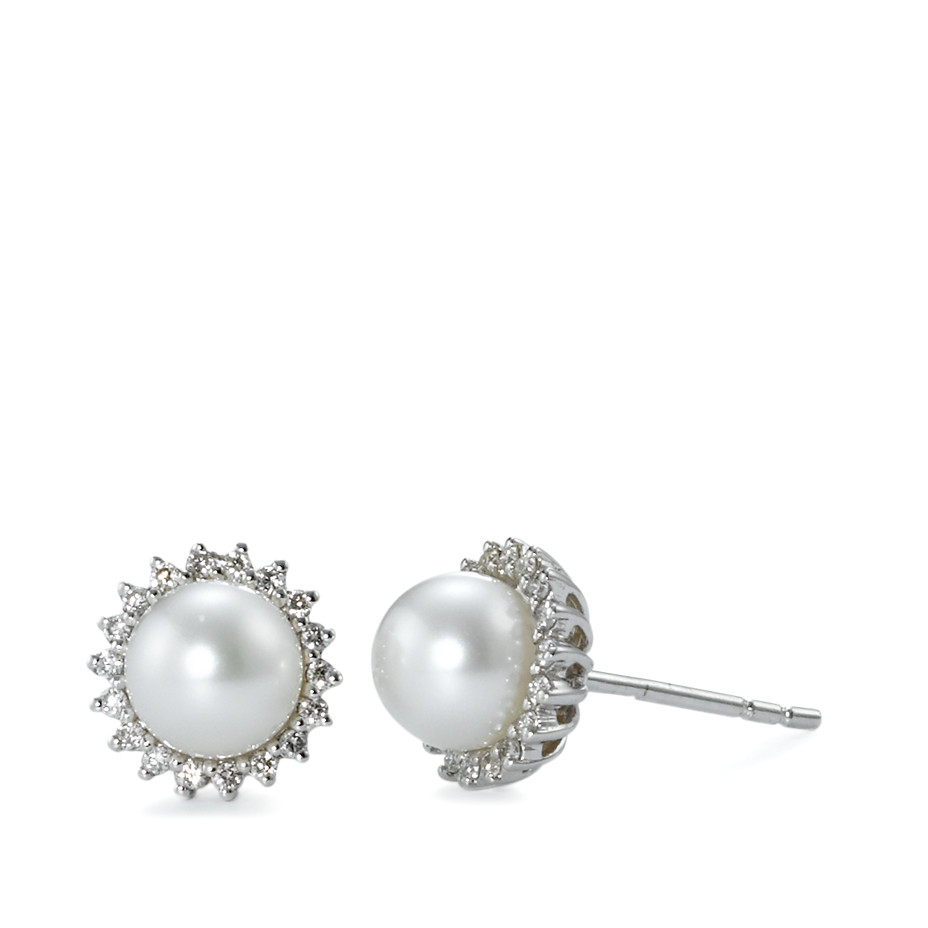 Clous d'oreilles Or blanc 18K Diamant 0.17 ct, 36 Pierres, w-si perle d'eau douce blanc, 36 Perles, 8.5 mm Ø8.5 mm-570788