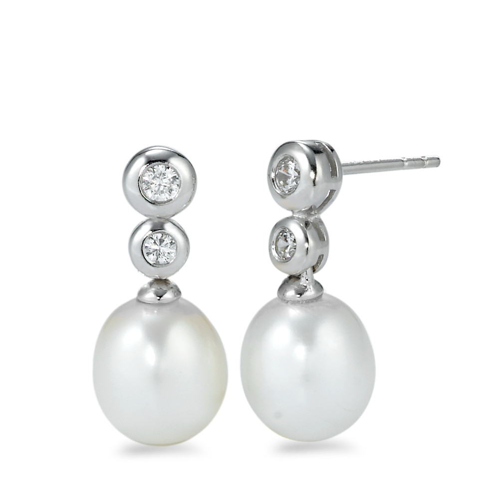 Pendant d'oreilles Argent Zircone 4 Pierres Rhodié perle d'eau douce blanc, 2 Perles, 8.5 mm-573301