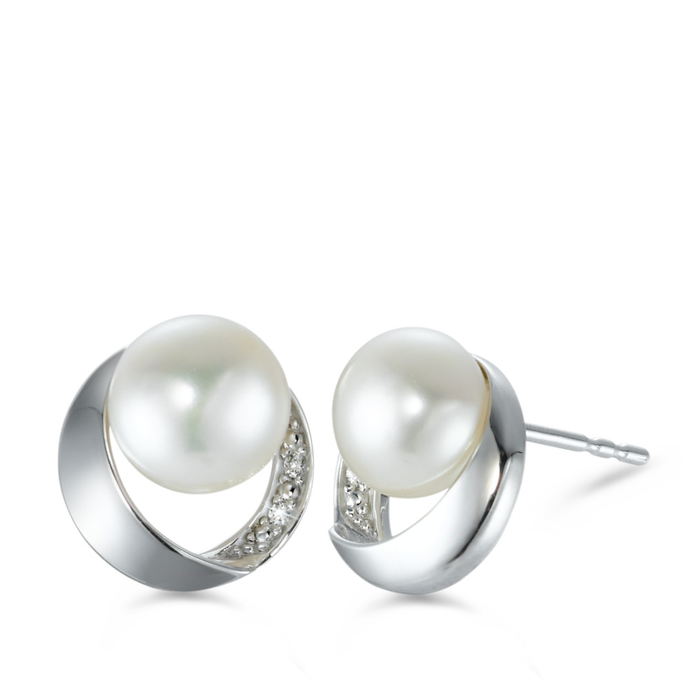 Clous d'oreilles Or blanc 18K Diamant 0.02 ct, 4 Pierres, brillant, w-si perle d'eau douce blanc, 2 Perles 7.5-8 mm Ø10 mm-573345