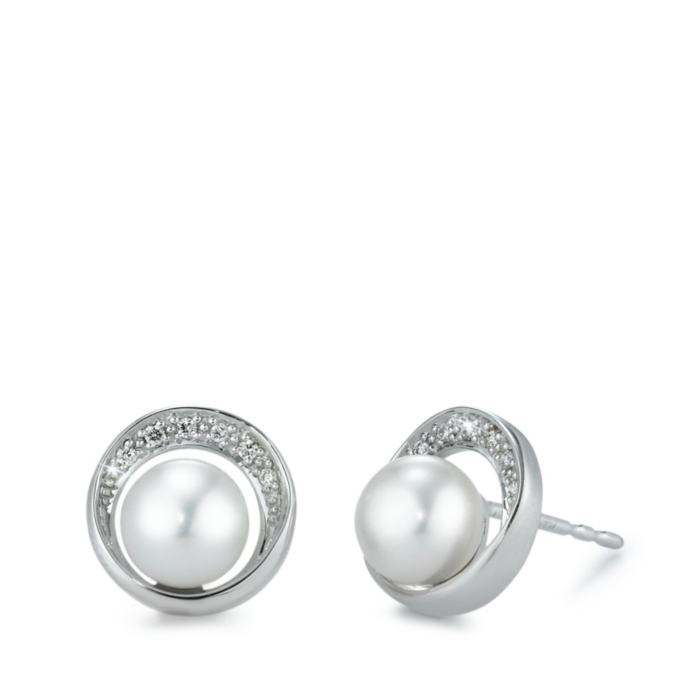 Clous d'oreilles Or blanc 18K Diamant 0.06 ct, 12 Pierres, brillant, w-si perle d'eau douce 6.5-7 mm Ø10 mm-573358