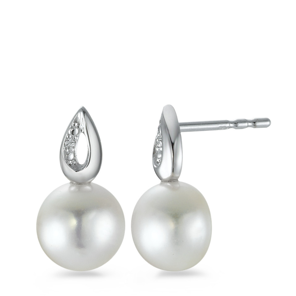 Clous d'oreilles Or blanc 18K Diamant 0.008 ct, 2 Pierres, brillant, p1 perle d'eau douce 7-7.5 mm-573433
