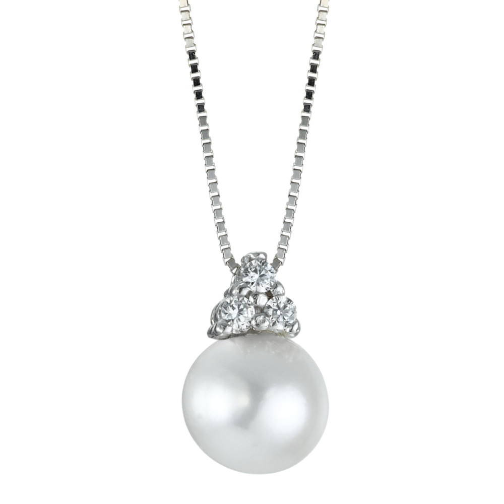 Collier Or blanc 18K Zircone 3 Pierres perle d'eau douce blanc 7-7.5 mm 42 cm-573550