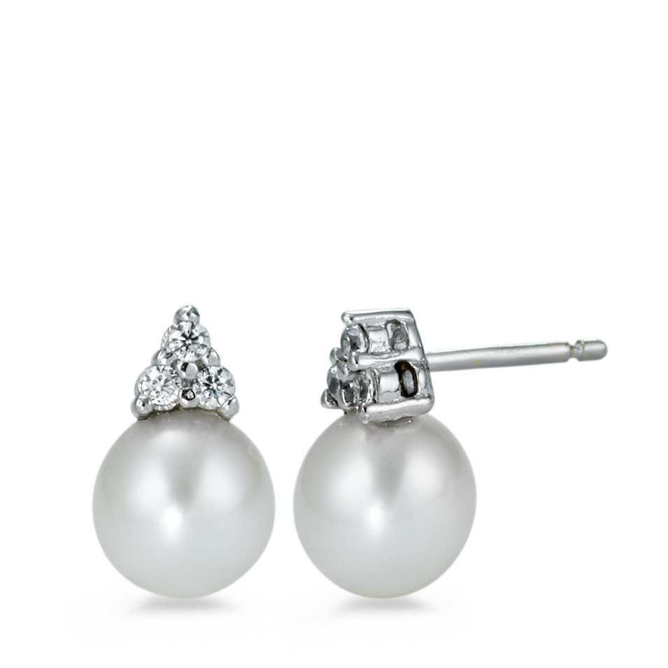 Clous d'oreilles Or blanc 18K Zircone 6 Pierres perle d'eau douce blanc, 2 Perles 7-7.5 mm-573551