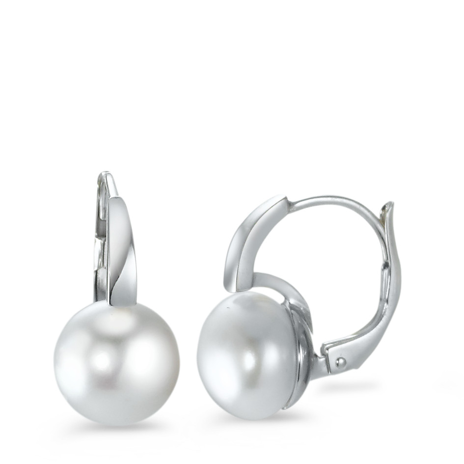 Pendant d'oreilles Or blanc 9K perle d'eau douce blanc, 2 Perles, 8.5 mm-573950