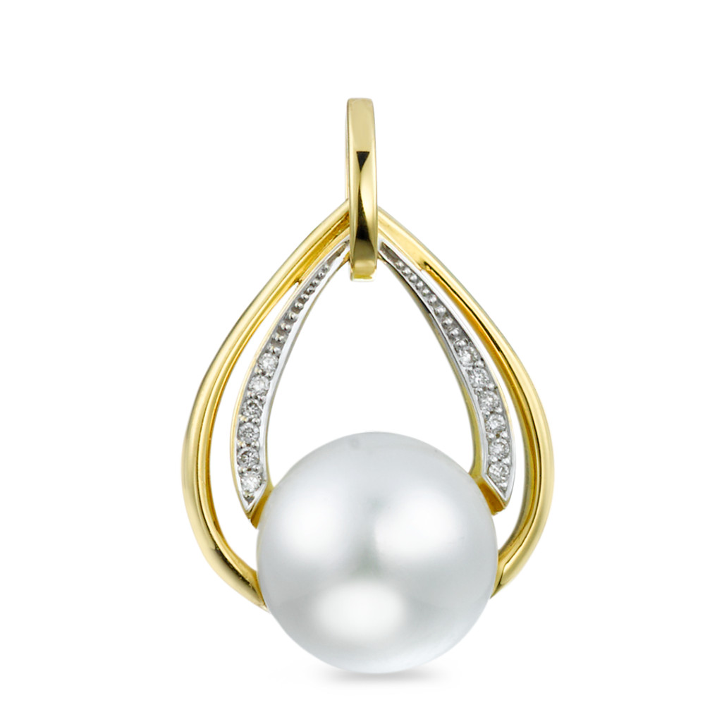 Pendentif Or jaune 18K Diamant 0.05 ct, 12 Pierres, brillant, w-si perle d'eau douce blanc, 10.5 mm-574294