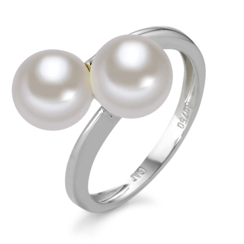 Bague Or blanc 18K perle d'eau douce blanc, 2 Perles, 8 mm-577418