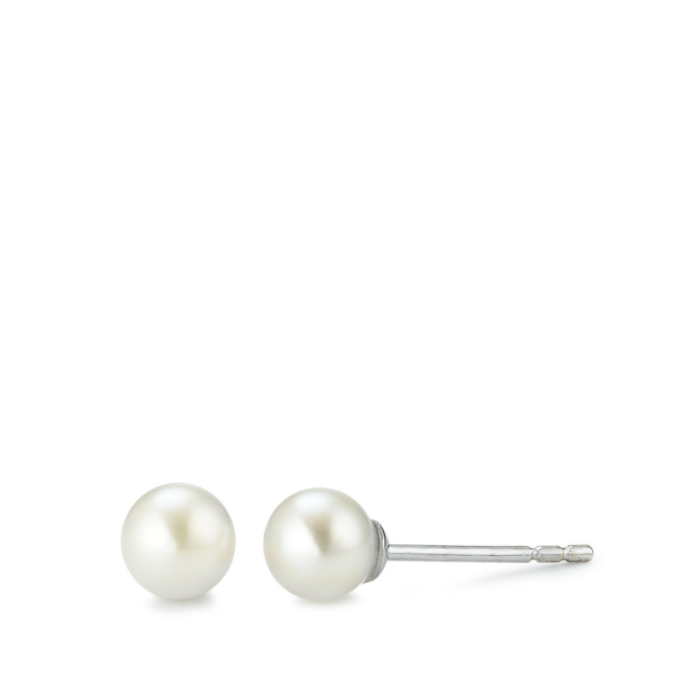 Clous d'oreilles Or blanc 18K perle d'eau douce blanc, 2 Perles, 5 mm-577431