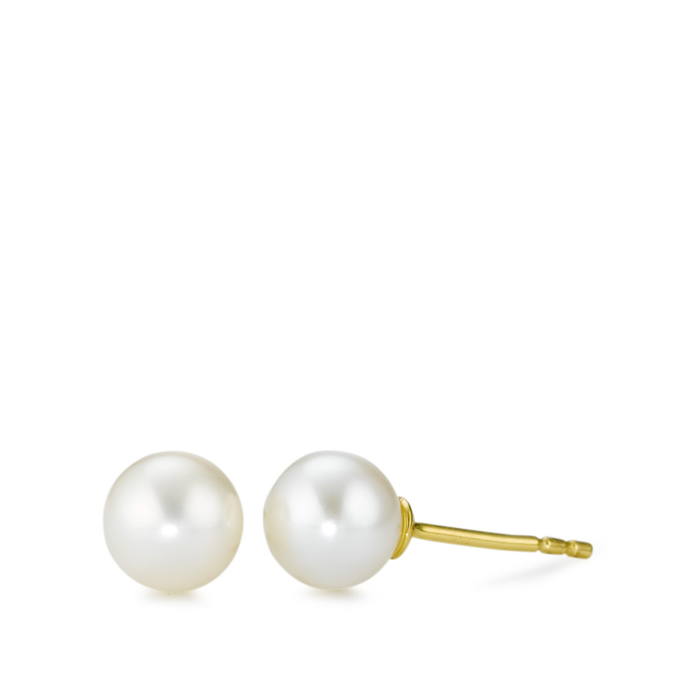 Clous d'oreilles Or jaune 18K perle d'eau douce blanc, 2 Perles, 6 mm-577434