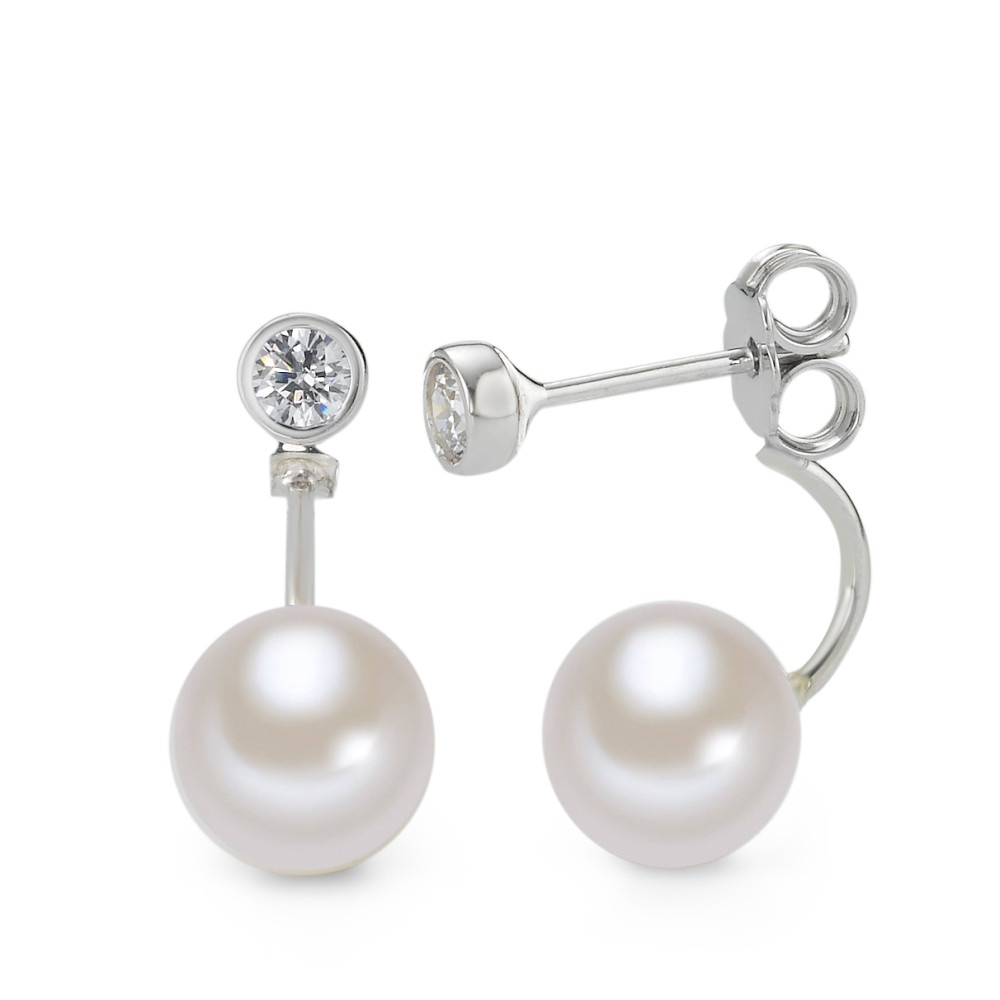 Pendant d'oreilles Or blanc 18K Zircone perle d'eau douce blanc, 2 Perles, 8 mm-577446