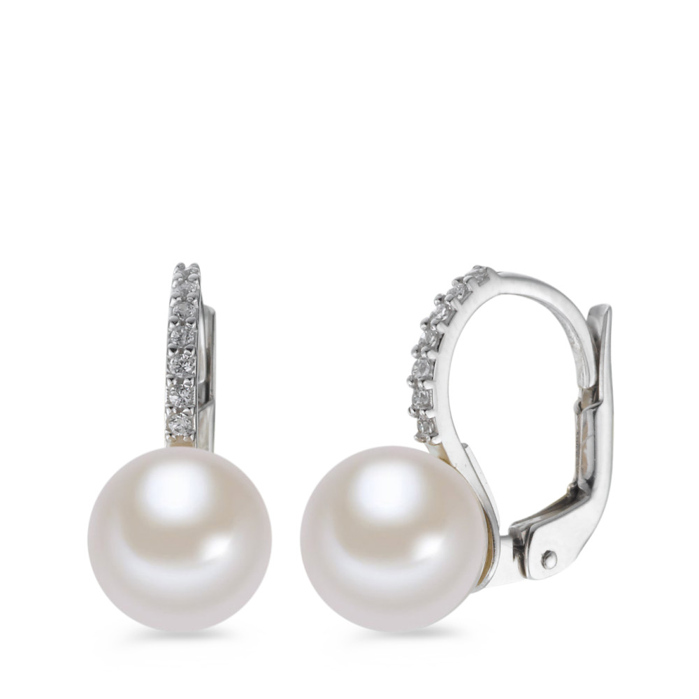 Pendant d'oreilles Or blanc 18K Zircone perle d'eau douce blanc, 2 Perles, 7.5 mm-577455