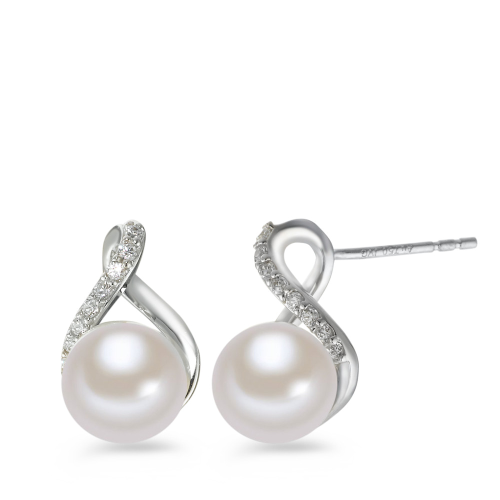 Clous d'oreilles Or blanc 18K Zircone perle d'eau douce blanc, 2 Perles, 8 mm-577456