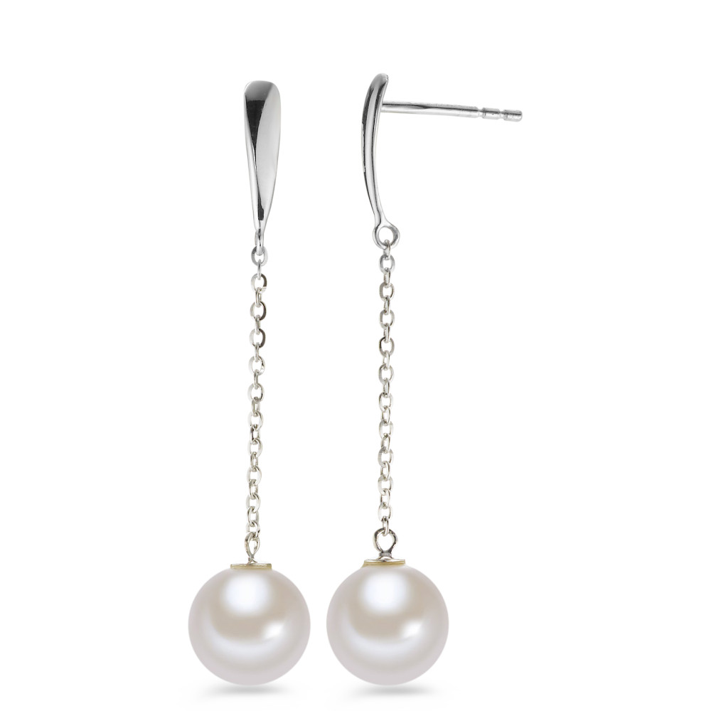 Pendant d'oreilles Or blanc 18K perle d'eau douce blanc, 2 Perles, 8 mm-577460