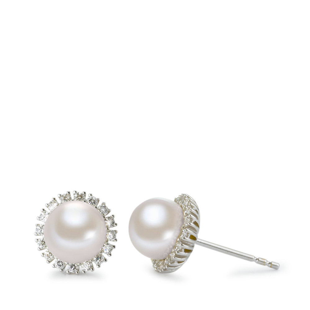 Clous d'oreilles Or blanc 18K Zircone perle d'eau douce blanc, 2 Perles, 7 mm-577462