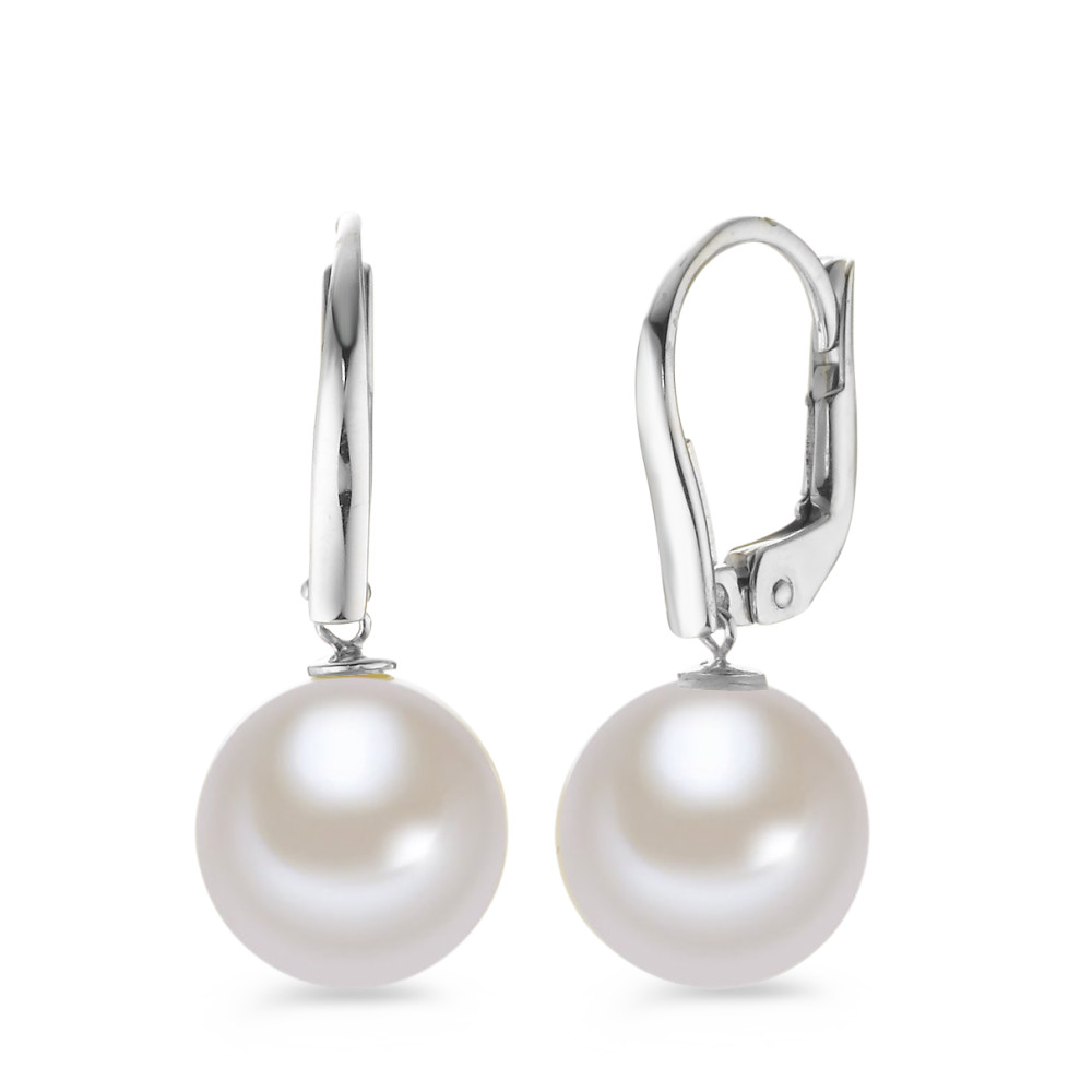 Pendant d'oreilles Or blanc 18K perle d'eau douce blanc, 2 Perles, 10 mm-577467