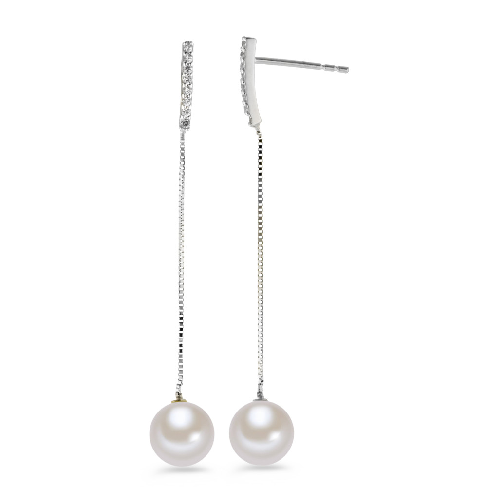 Pendant d'oreilles Or blanc 18K Zircone 16 Pierres perle d'eau douce blanc, 2 Perles, 7 mm-577469