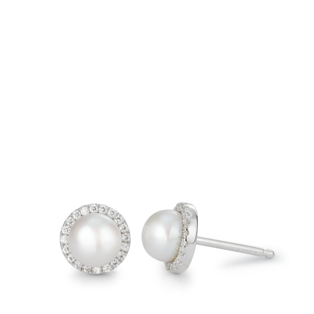 Clous d'oreilles Argent Zircone blanc Rhodié perle d'eau douce blanc, 2 Perles, 6 mm Ø7.5 mm-580559