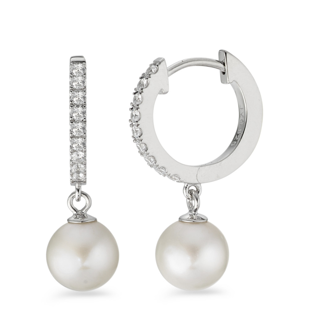 Créoles à charnières Argent Zircone 18 Pierres Rhodié perle d'eau douce blanc, 2 Perles, 7 mm-580564