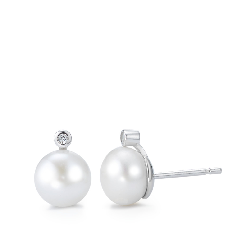 Clous d'oreilles Argent Zircone 2 Pierres Rhodié perle d'eau douce blanc, 2 Perles, 8 mm-582348