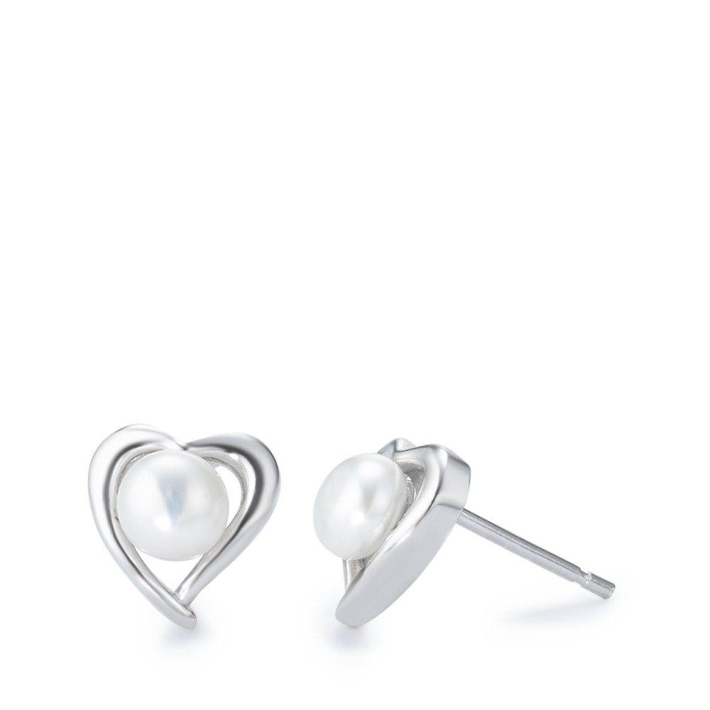 Clous d'oreilles Argent Rhodié perle d'eau douce blanc, 2 Perles, 5 mm Coeur Ø9 mm-582352