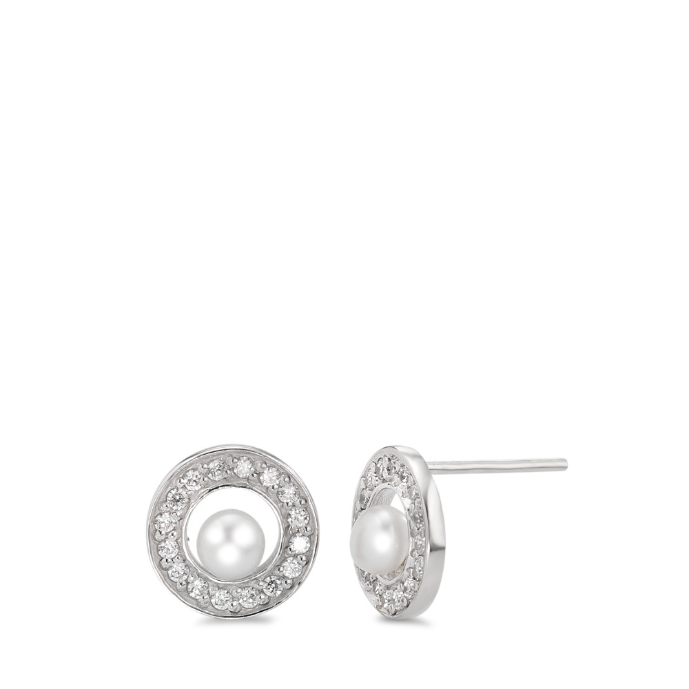 Clous d'oreilles Argent Zircone Rhodié perle d'eau douce blanc, 2 Perles 4-4.5 mm Ø10 mm-582636