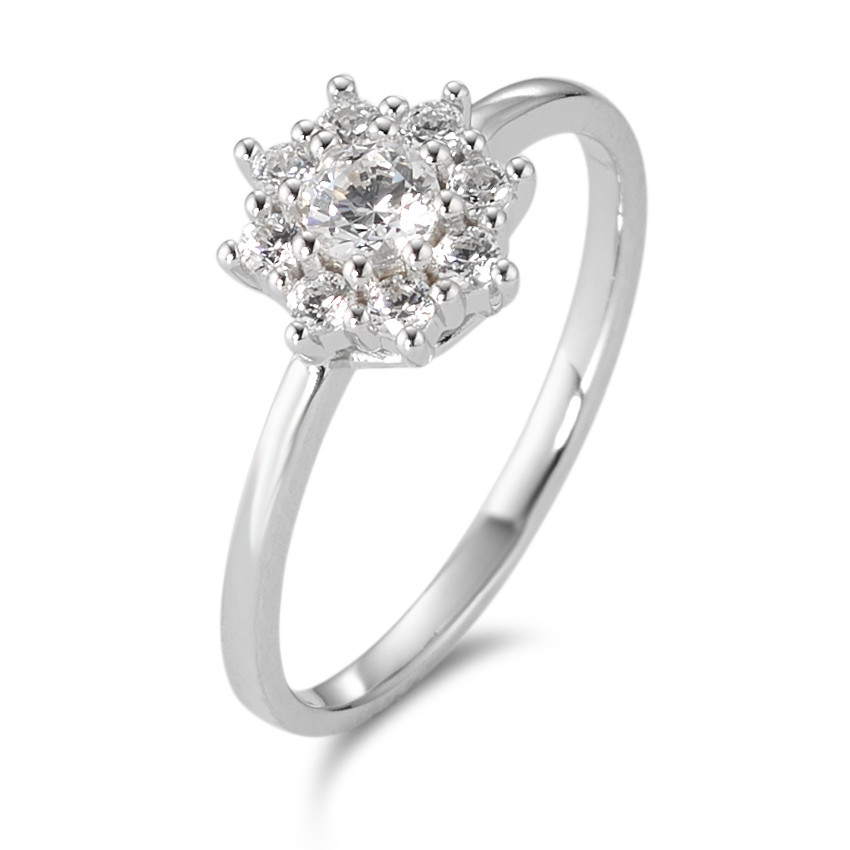 Bague solitaire Or blanc 9K Zircone blanc, 9 Pierres Ø7.8 mm-583632