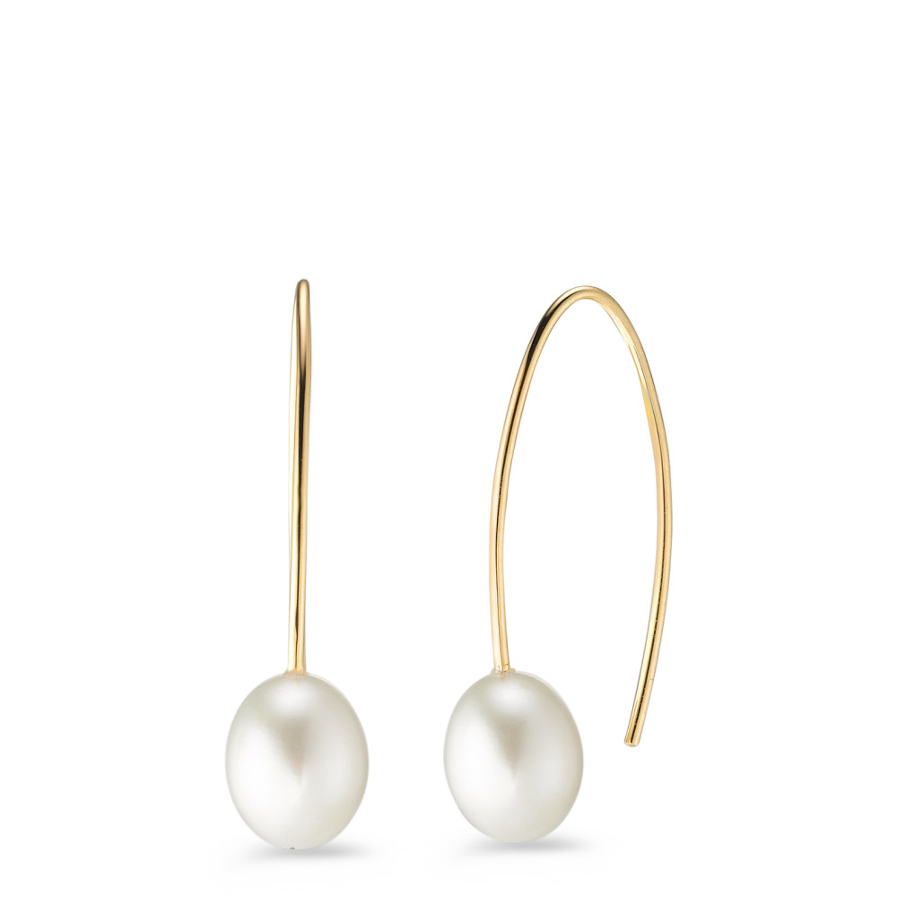 Pendant d'oreilles Or jaune 9K perle d'eau douce blanc, 2 Perles, 8.5 mm-584242