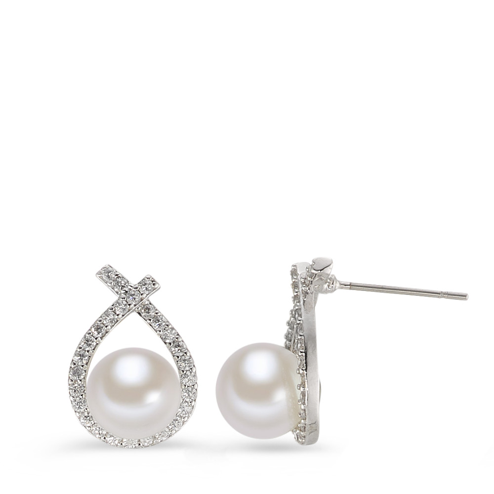 Clous d'oreilles Métal Zircone [shining Pearls] blanc, 2 Perles, 8 mm-585853
