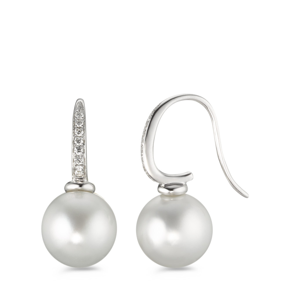 Pendant d'oreilles Or blanc 18K Diamant 0.14 ct, 14 Pierres, w-si perle de Tahiti blanc, 2 Perles, 10 mm-586320