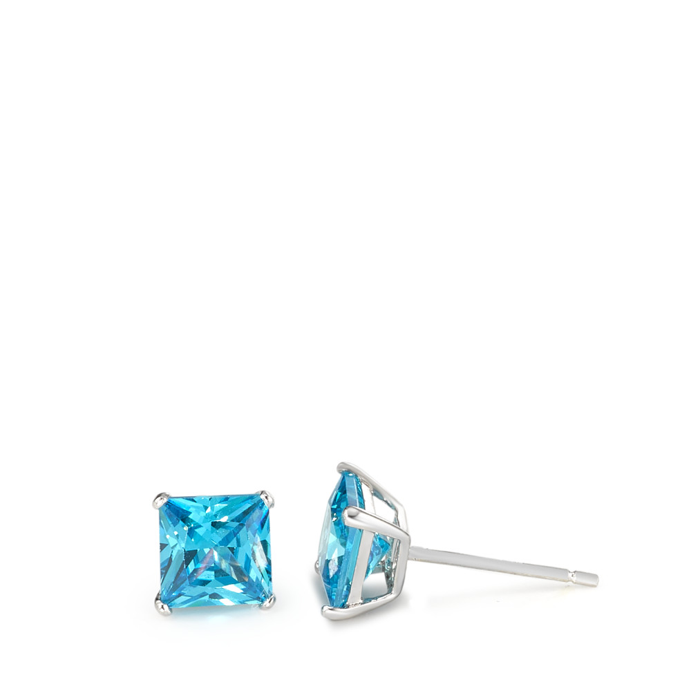 Clous d'oreilles Argent [synth. Aquamarin] 2 Pierres Rhodié Ø6.5 mm-586625