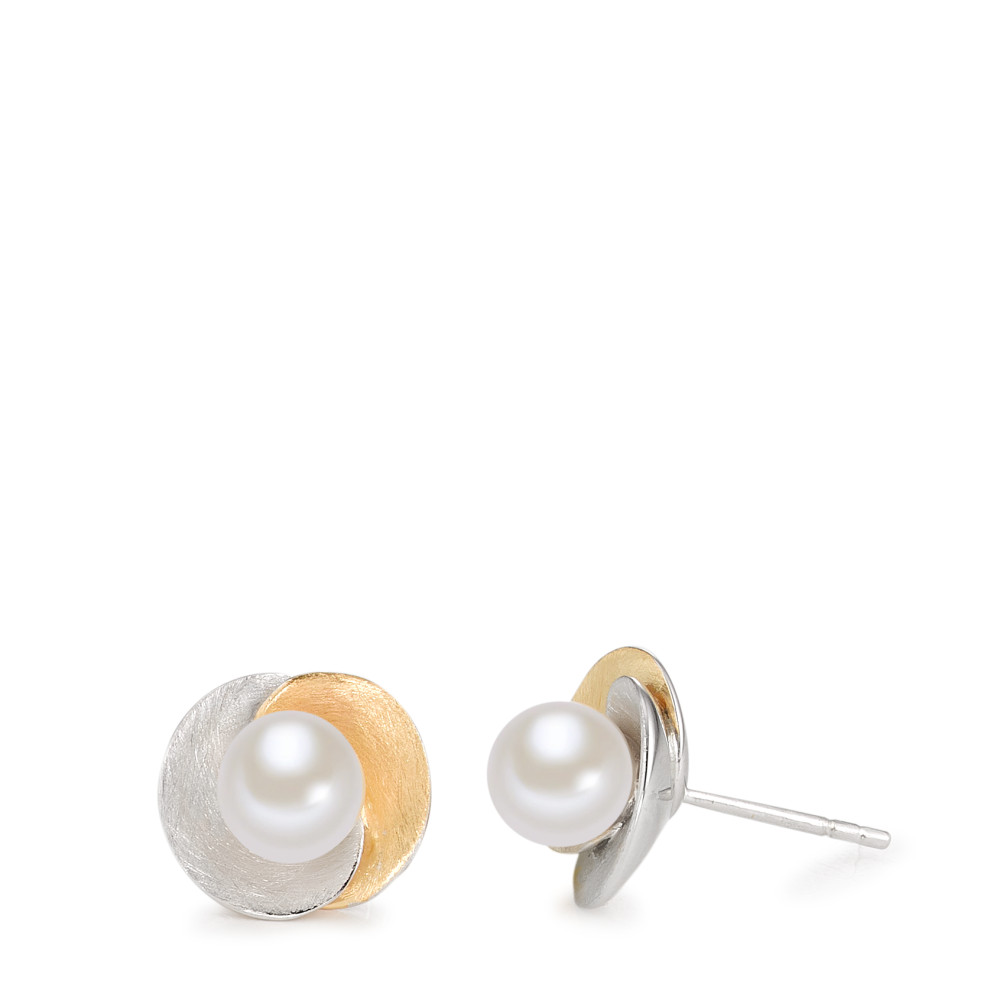 Clous d'oreilles Argent jaune Bicolore perle d'eau douce blanc, 2 Perles, 6.5 mm Ø12 mm-587135