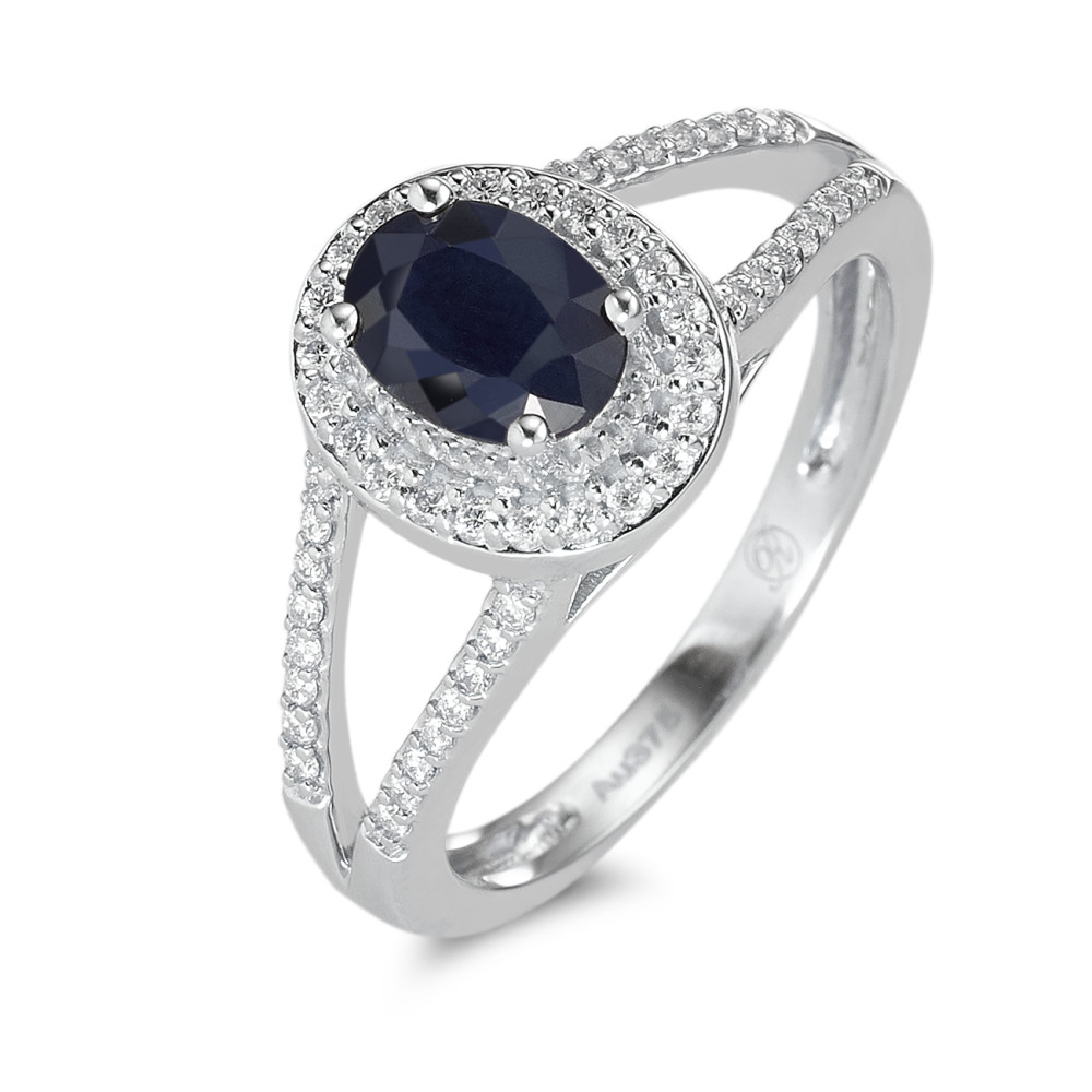 Bague Or blanc 9K Saphir bleu, 0.95 ct, ovale, AAA, Diamant blanc, 0.23 ct, 12 Pierres, w-pi1-588074