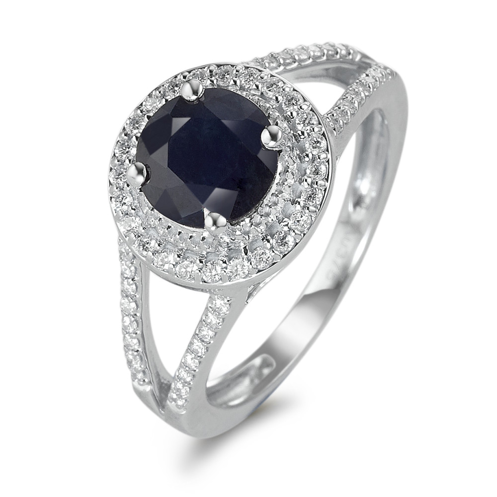 Bague Or blanc 9K Saphir bleu, 1.76 ct, rond, AAA, Diamant blanc, 0.23 ct, 12 Pierres, w-pi3-588075